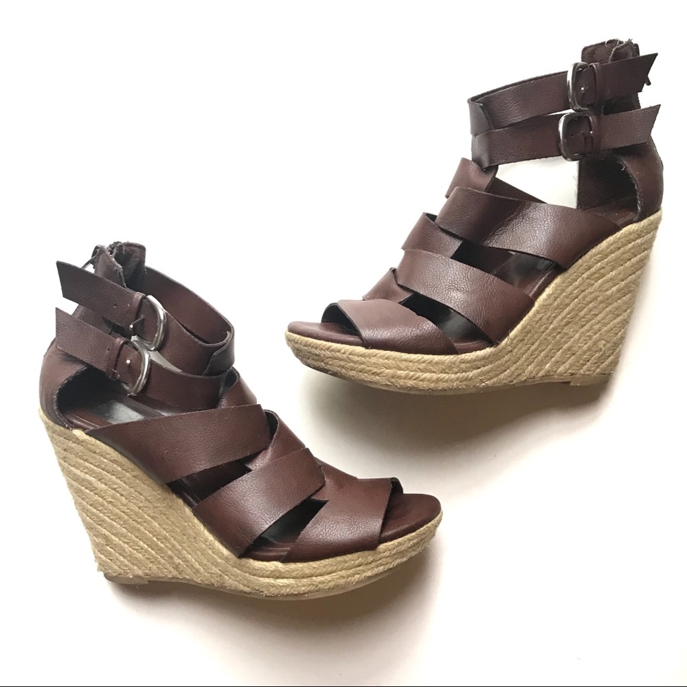 Dolce Vita Spring Brown Leather Buckle Wedges - 7